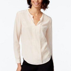 Anne Klein Pleated V neck Silk Blouse Powder Size10